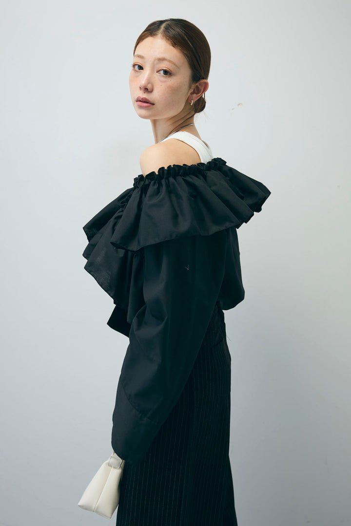 [予約/SET]TCブロード2wayフリルオフショルブラウス+ダブルベルトストライプパンツ(2set)