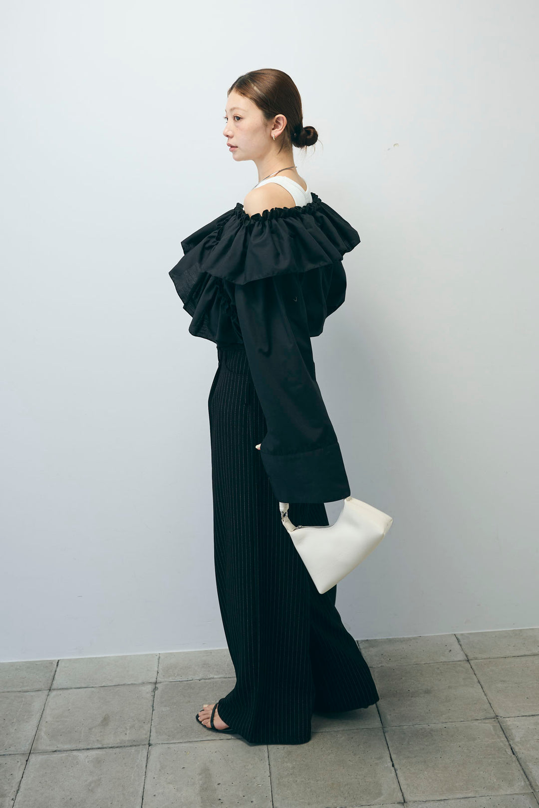 [予約/SET]TCブロード2wayフリルオフショルブラウス+ダブルベルトストライプパンツ(2set)