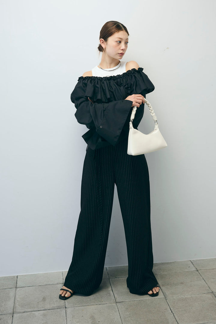 [予約/SET]TCブロード2wayフリルオフショルブラウス+ダブルベルトストライプパンツ(2set)