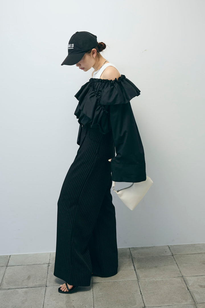 [予約/SET]TCブロード2wayフリルオフショルブラウス+ダブルベルトストライプパンツ(2set)