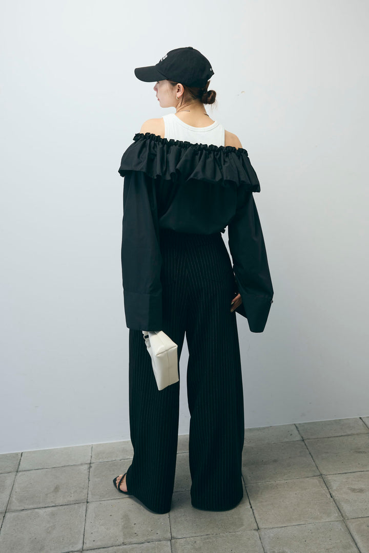 [予約/SET]TCブロード2wayフリルオフショルブラウス+ダブルベルトストライプパンツ(2set)