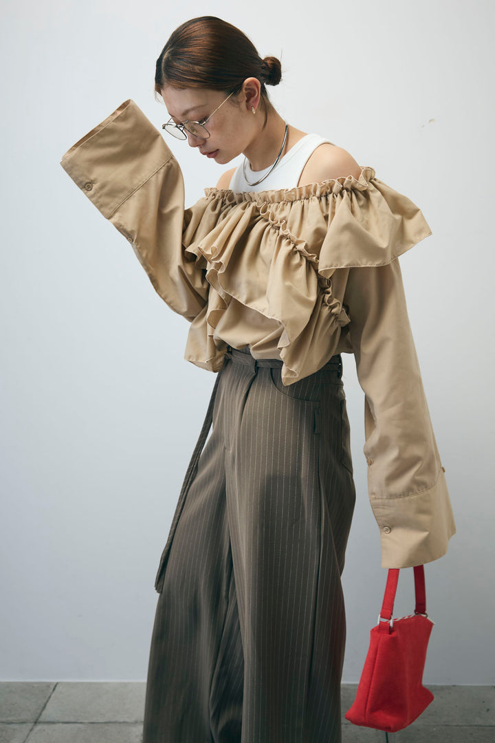 [予約/SET]TCブロード2wayフリルオフショルブラウス+ダブルベルトストライプパンツ(2set)