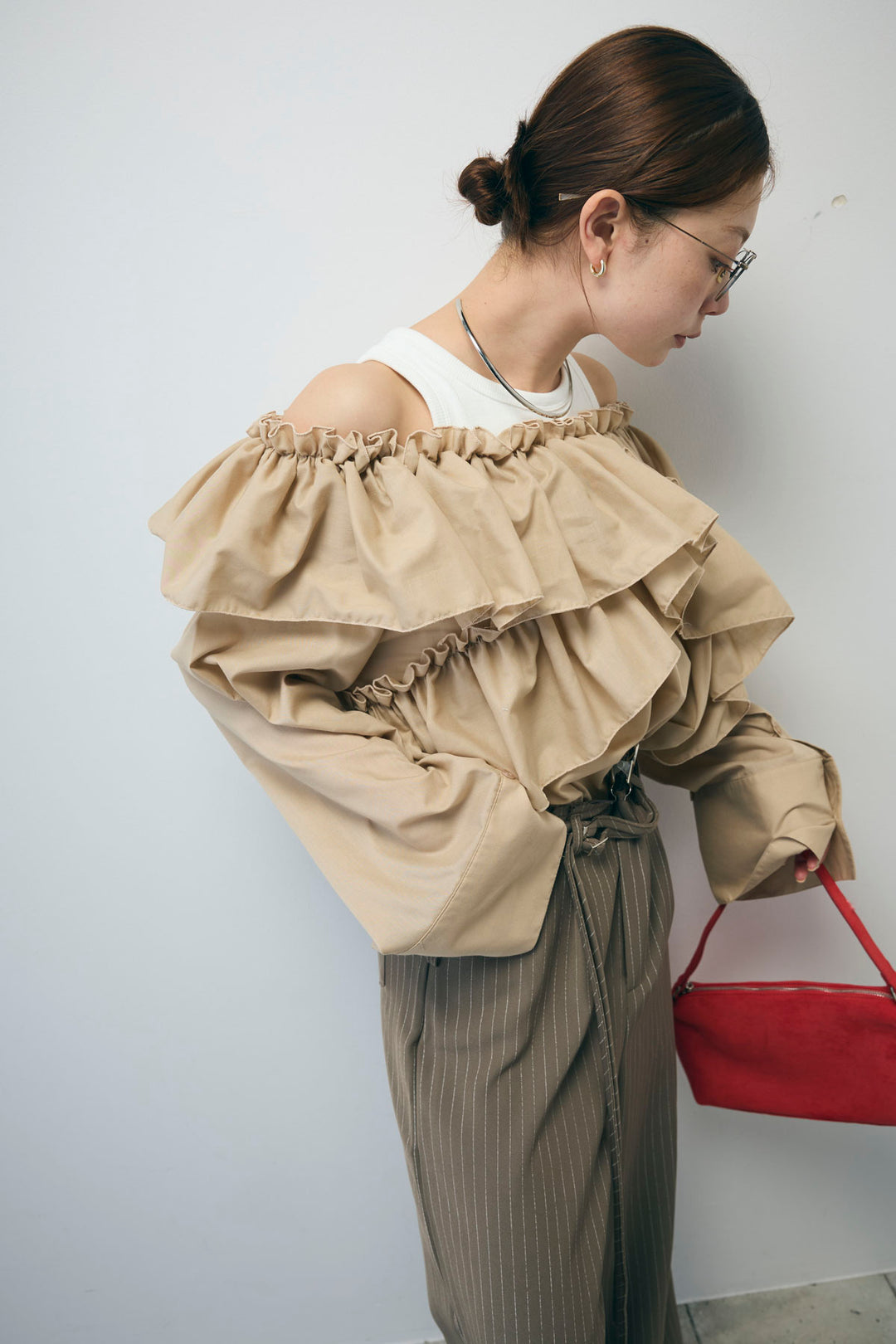 [予約/SET]TCブロード2wayフリルオフショルブラウス+ダブルベルトストライプパンツ(2set)
