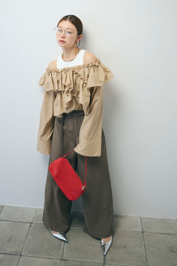 [予約/SET]TCブロード2wayフリルオフショルブラウス+ダブルベルトストライプパンツ(2set)