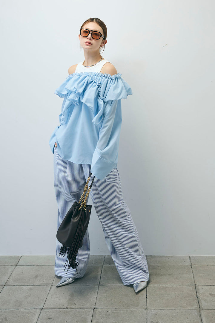 [予約/SET]TCブロード2wayフリルオフショルブラウス+ストライプ イージー ワイド パンツ(2set)