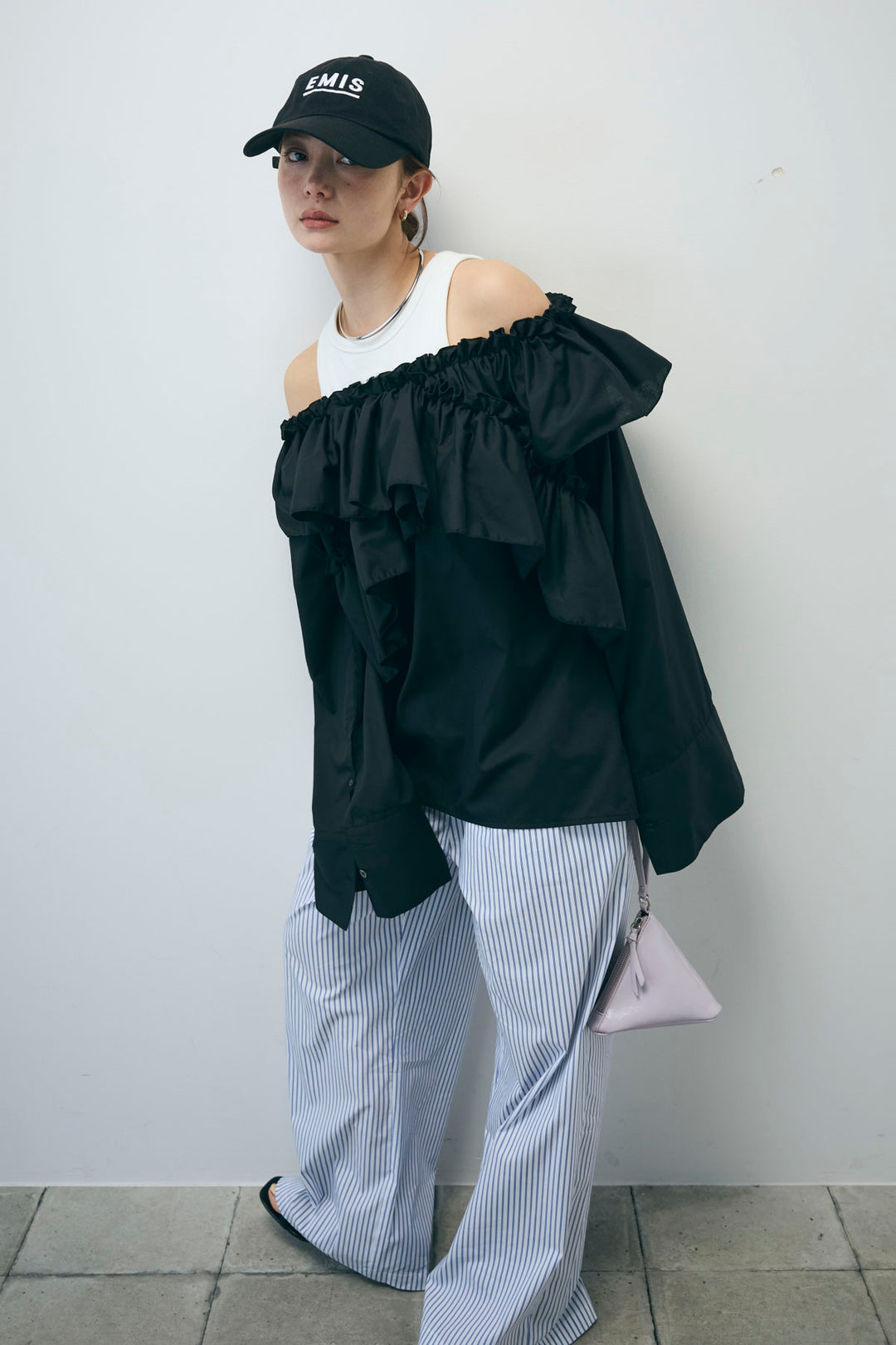 [予約/SET]TCブロード2wayフリルオフショルブラウス+ストライプ イージー ワイド パンツ(2set)