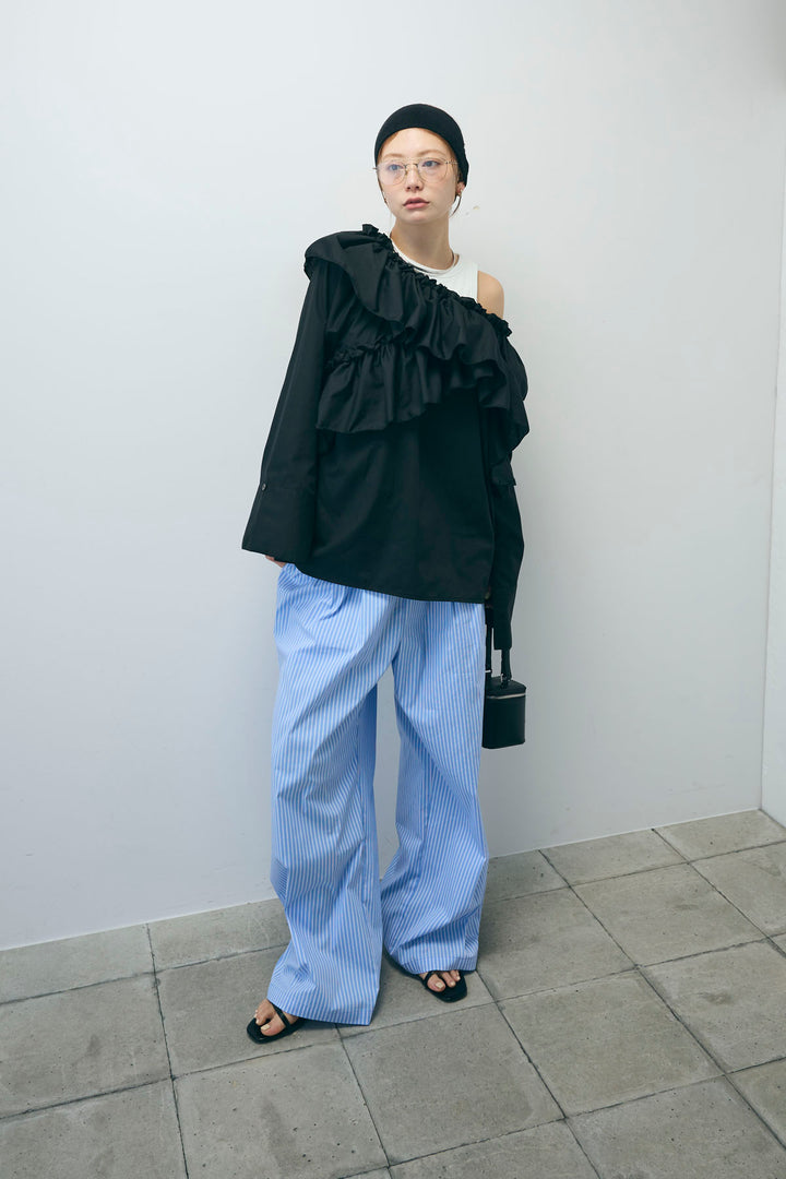 [予約/SET]TCブロード2wayフリルオフショルブラウス+ストライプ イージー ワイド パンツ(2set)