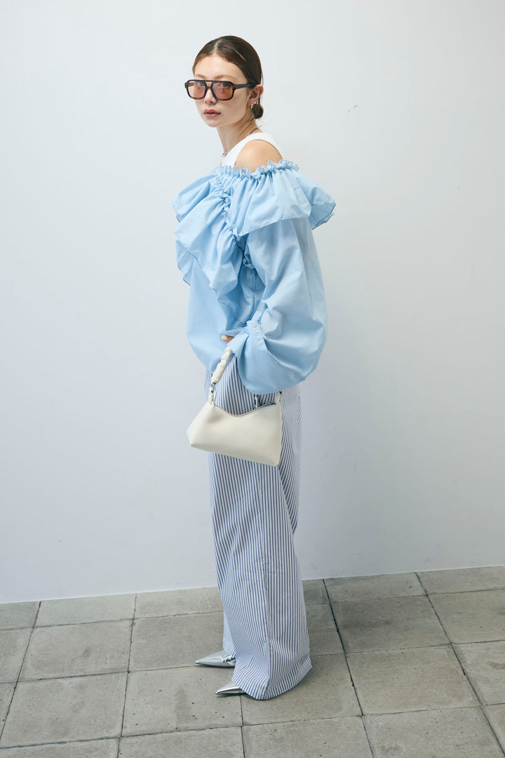 [予約/SET]TCブロード2wayフリルオフショルブラウス+ストライプ イージー ワイド パンツ(2set)