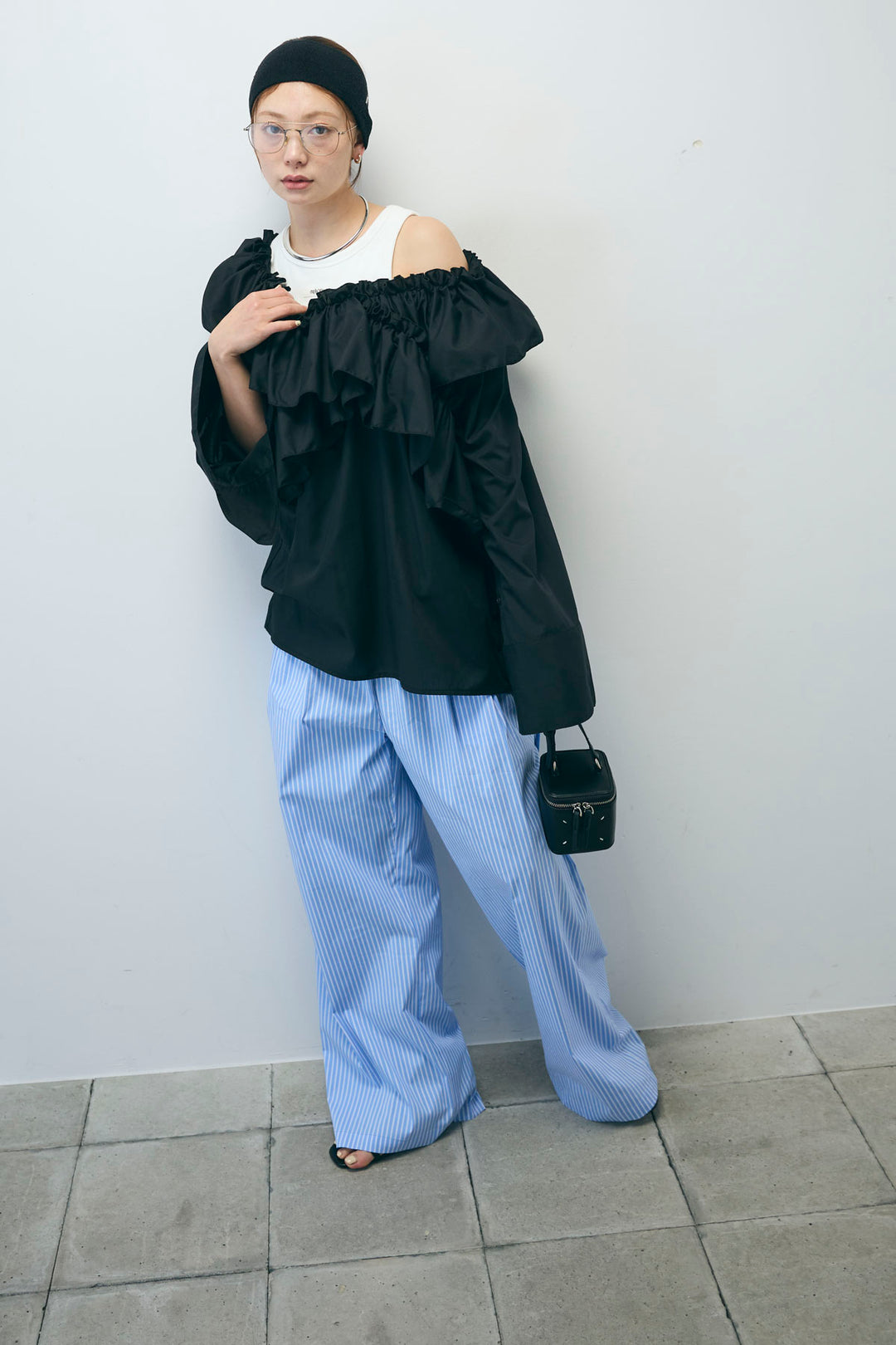 [予約/SET]TCブロード2wayフリルオフショルブラウス+ストライプ イージー ワイド パンツ(2set)