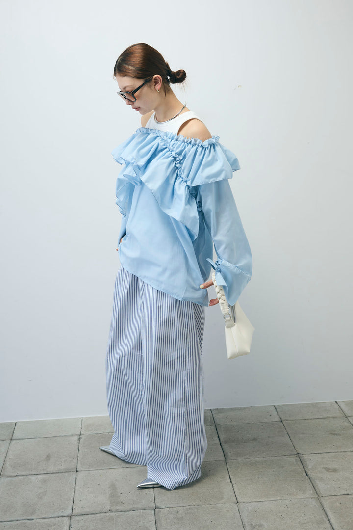 [予約/SET]TCブロード2wayフリルオフショルブラウス+ストライプ イージー ワイド パンツ(2set)
