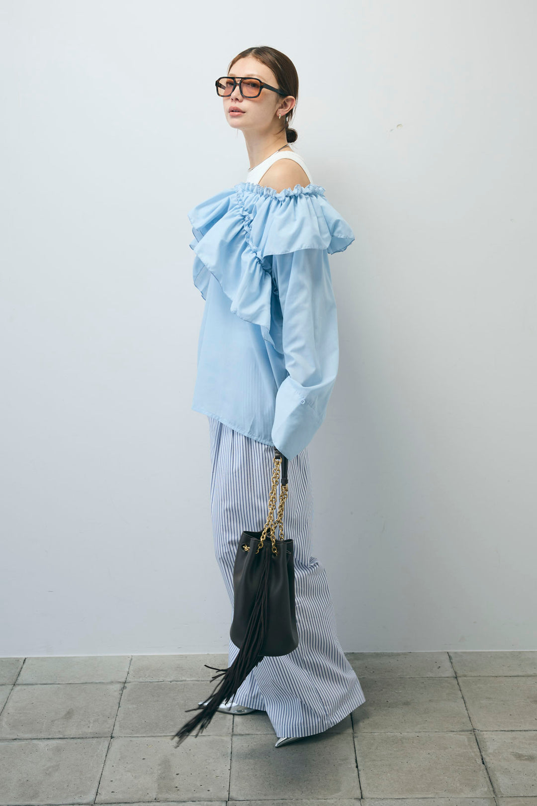 [予約/SET]TCブロード2wayフリルオフショルブラウス+ストライプ イージー ワイド パンツ(2set)