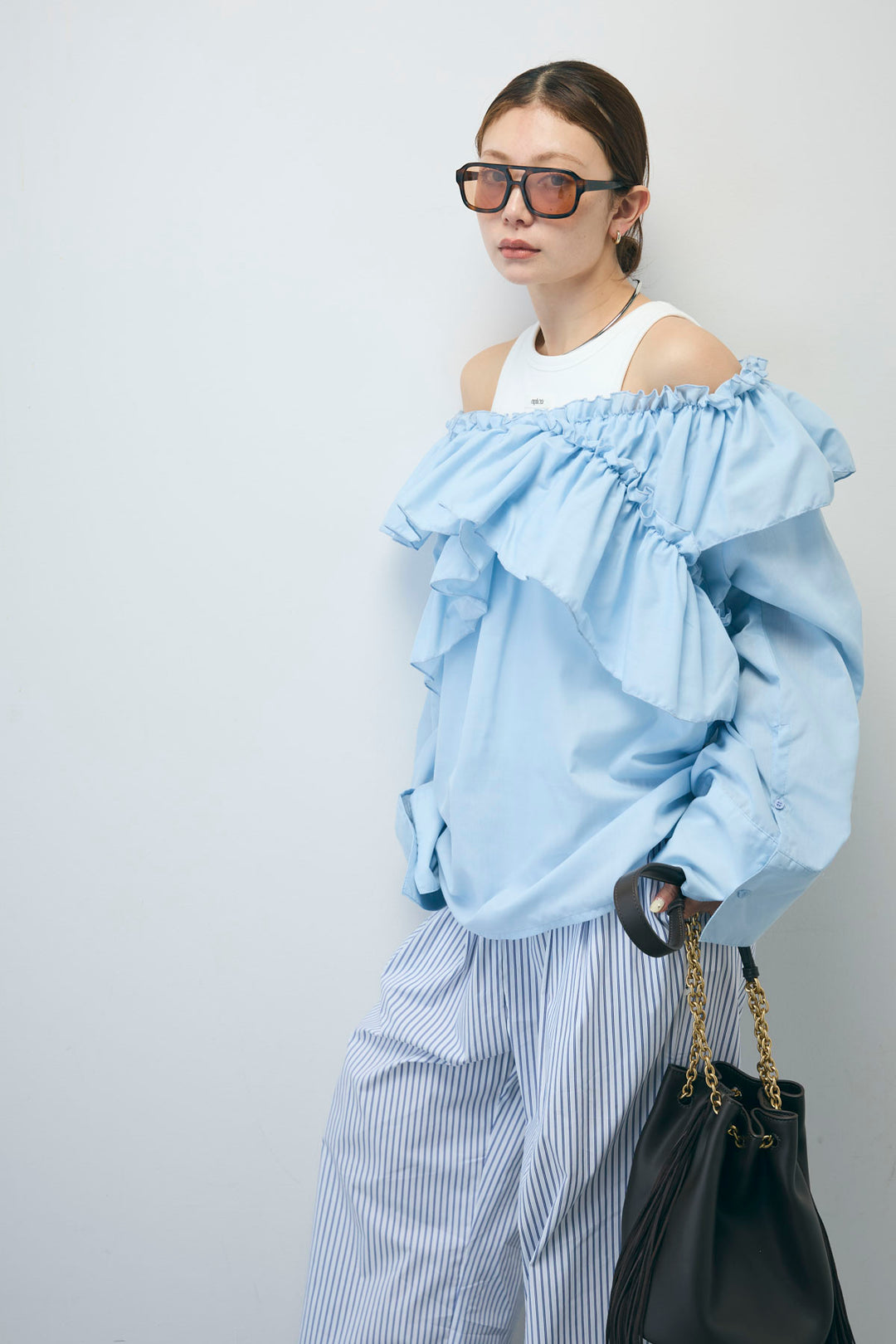 [予約/SET]TCブロード2wayフリルオフショルブラウス+ストライプ イージー ワイド パンツ(2set)