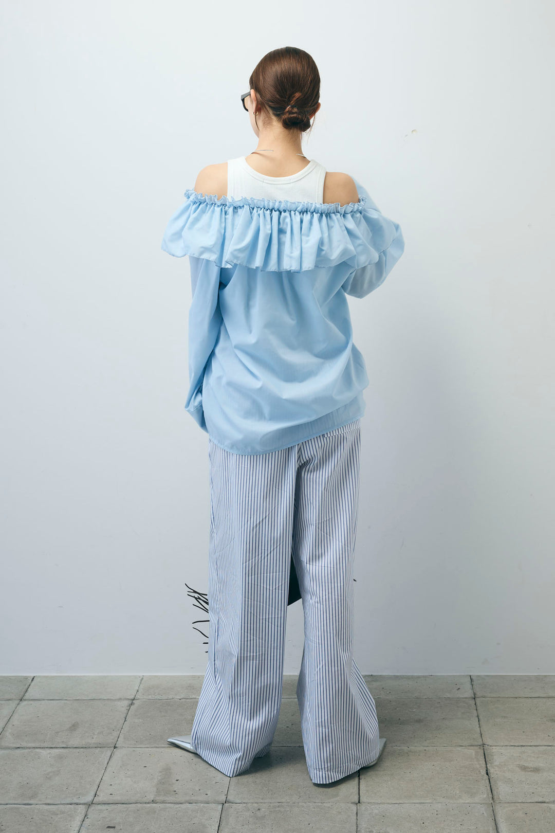 [予約/SET]TCブロード2wayフリルオフショルブラウス+ストライプ イージー ワイド パンツ(2set)
