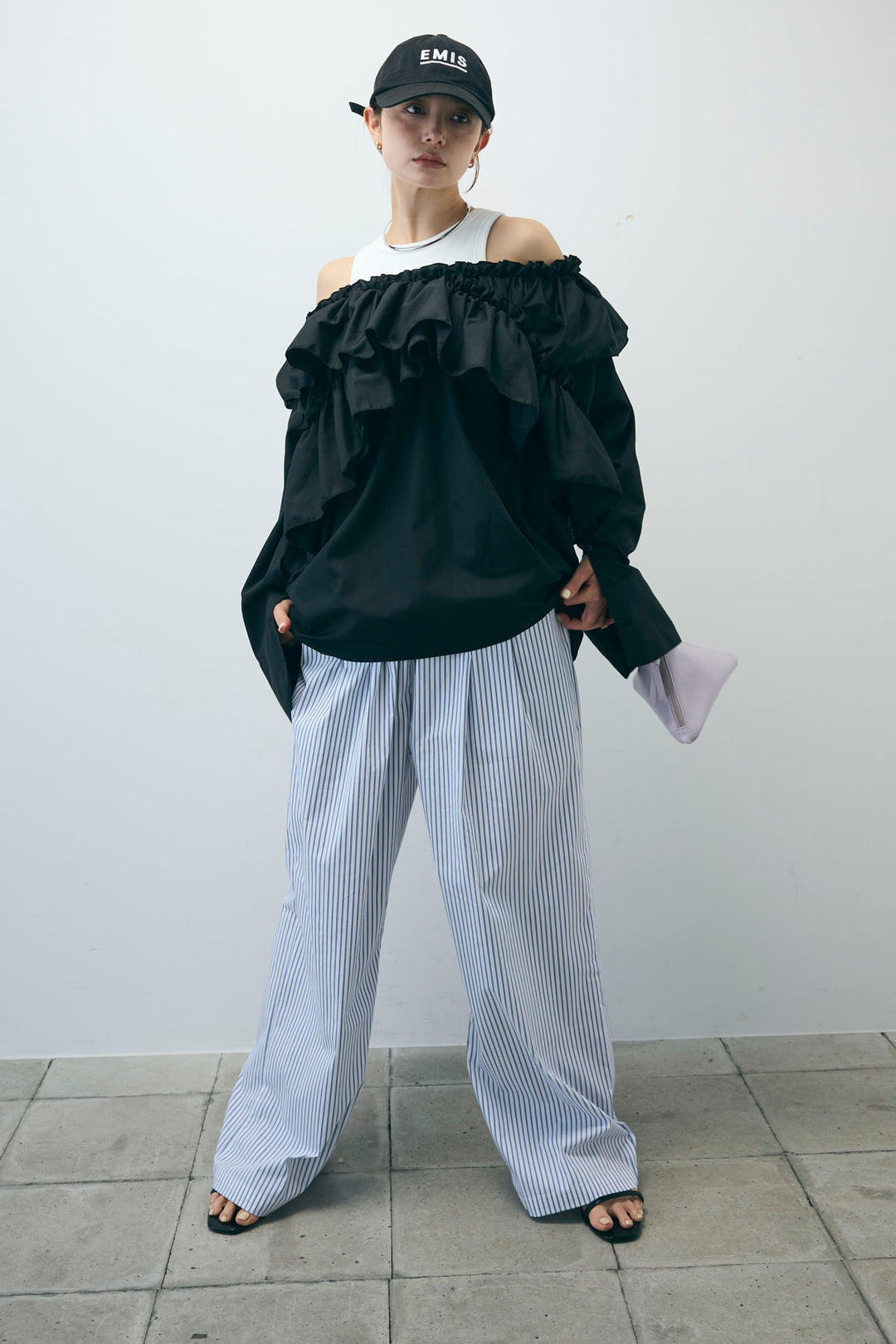 [予約/SET]TCブロード2wayフリルオフショルブラウス+ストライプ イージー ワイド パンツ(2set)