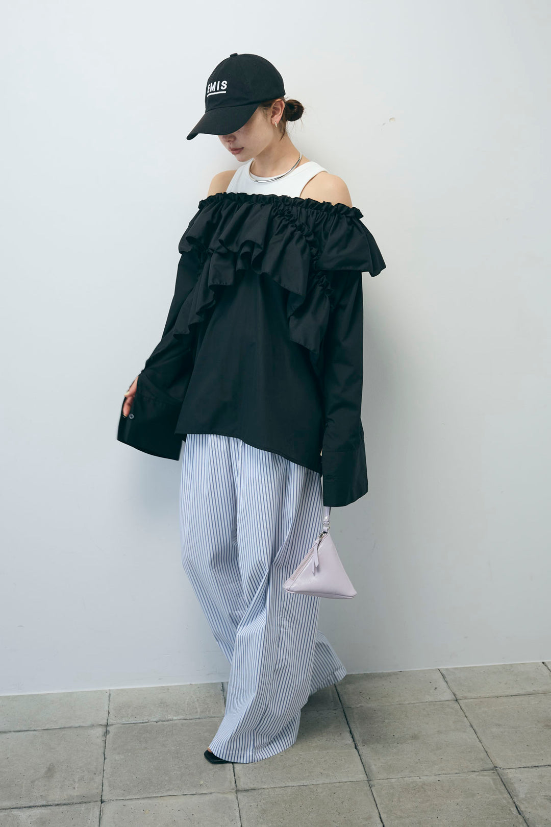 [予約/SET]TCブロード2wayフリルオフショルブラウス+ストライプ イージー ワイド パンツ(2set)