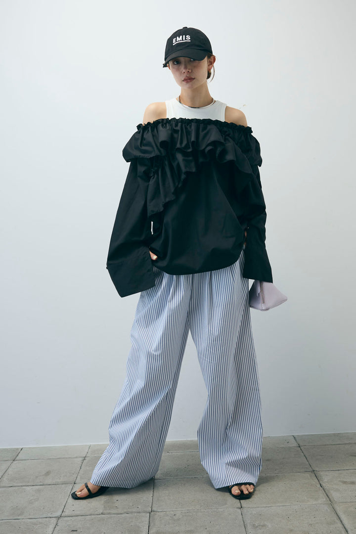 [予約/SET]TCブロード2wayフリルオフショルブラウス+ストライプ イージー ワイド パンツ(2set)