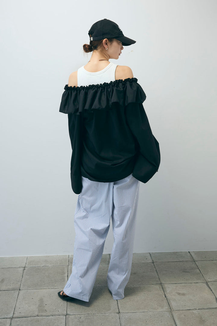 [予約/SET]TCブロード2wayフリルオフショルブラウス+ストライプ イージー ワイド パンツ(2set)