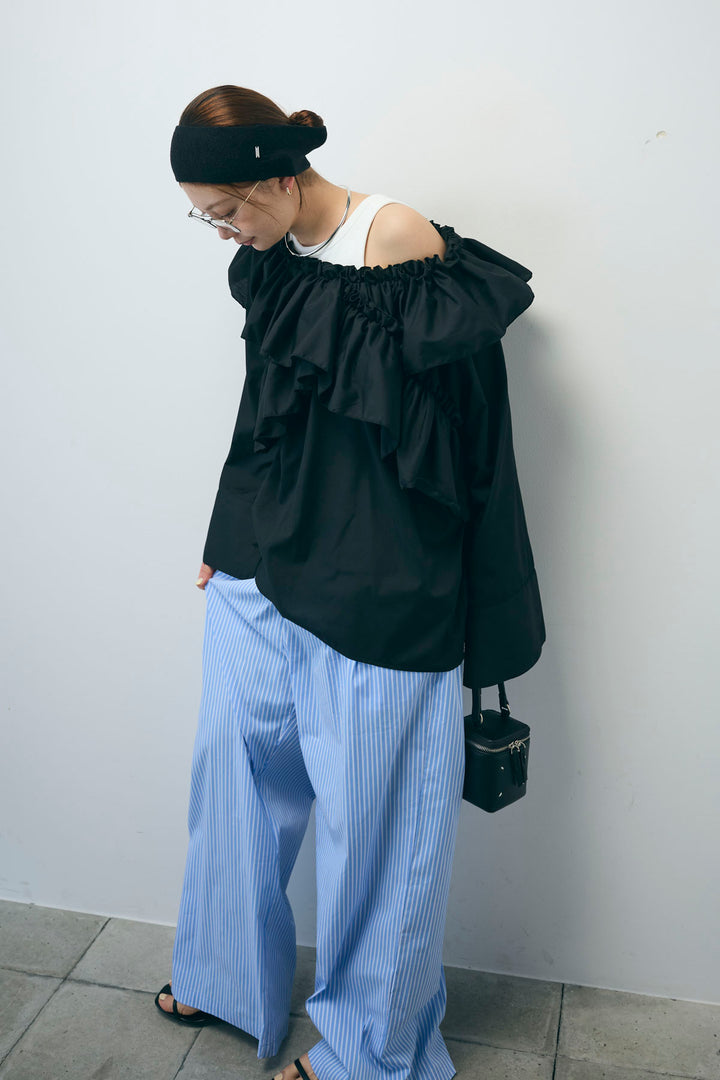 [予約/SET]TCブロード2wayフリルオフショルブラウス+ストライプ イージー ワイド パンツ(2set)