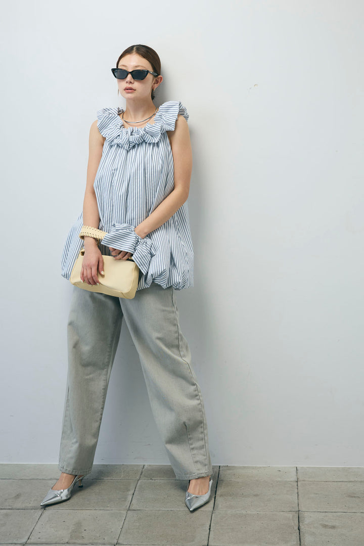 [予約/SET]ストライプバルーンアメスリTOPS+ヴィンテージカーブデニムパンツ(2set)