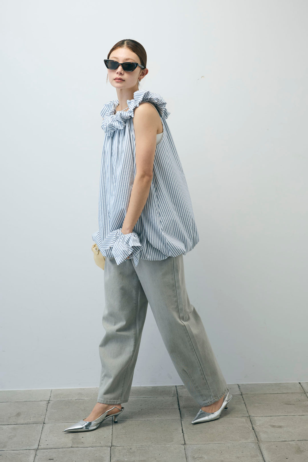 [予約/SET]ストライプバルーンアメスリTOPS+ヴィンテージカーブデニムパンツ(2set)