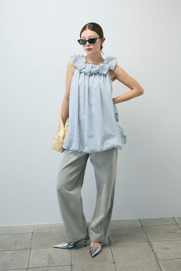 [予約/SET]ストライプバルーンアメスリTOPS+ヴィンテージカーブデニムパンツ(2set)