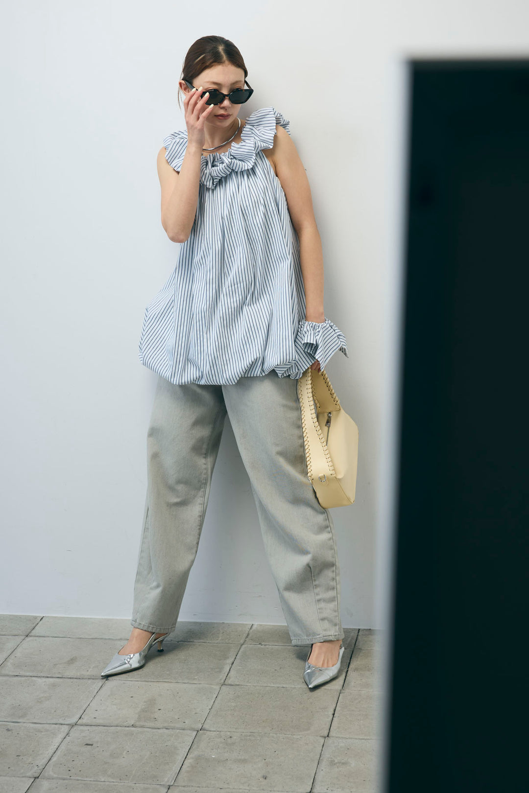 [予約/SET]ストライプバルーンアメスリTOPS+ヴィンテージカーブデニムパンツ(2set)