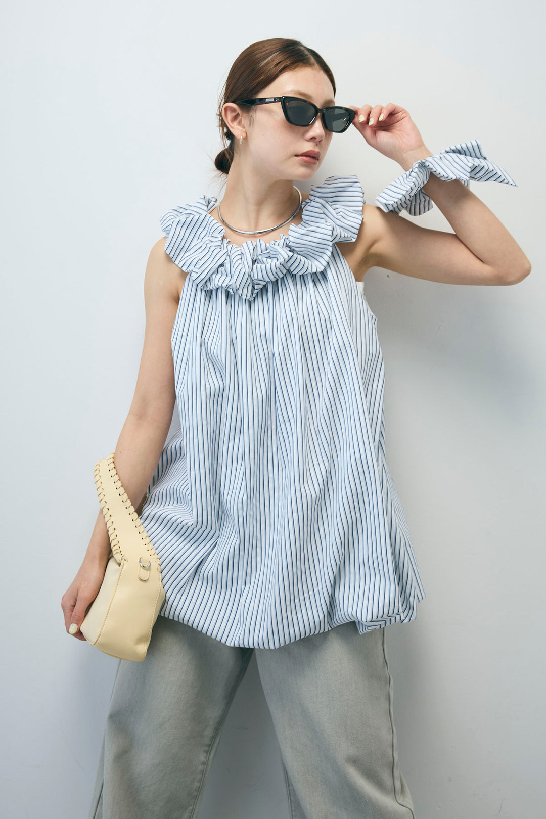 [予約/SET]ストライプバルーンアメスリTOPS+ヴィンテージカーブデニムパンツ(2set)