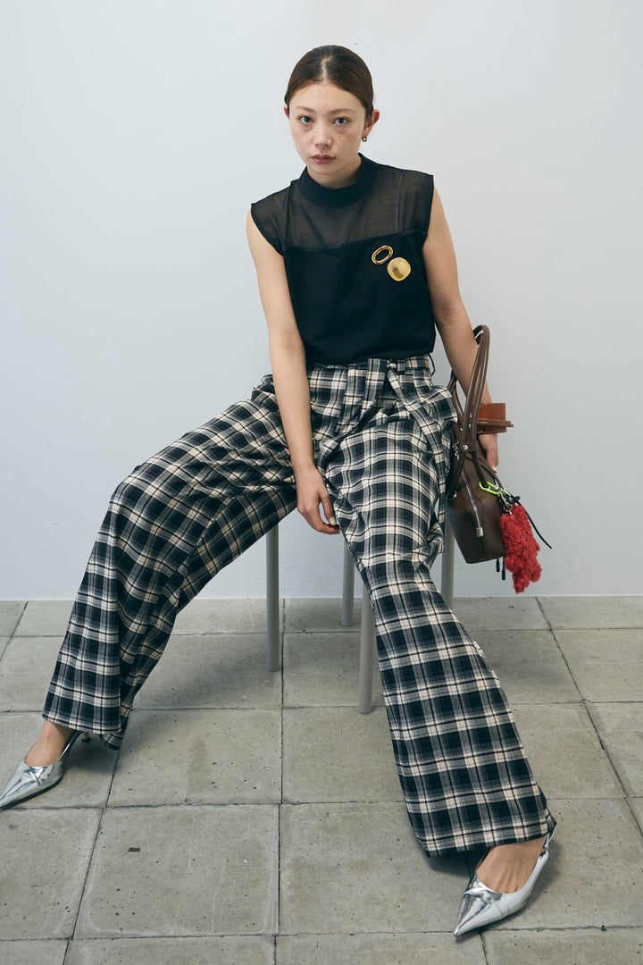 [予約/SET]シアー切替えノースリーブ+チェックパンツ(2set)