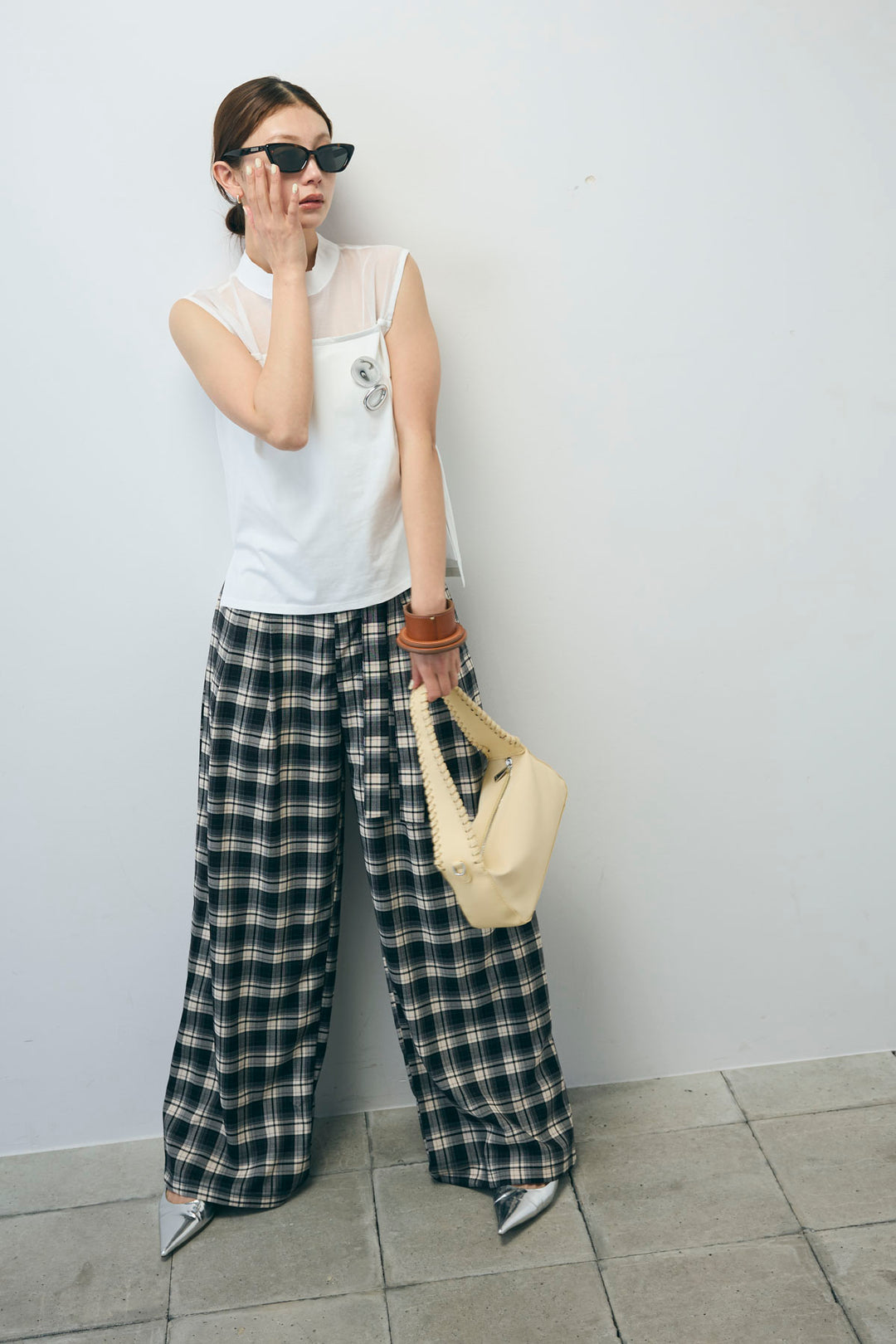 [予約/SET]シアー切替えノースリーブ+チェックパンツ(2set)