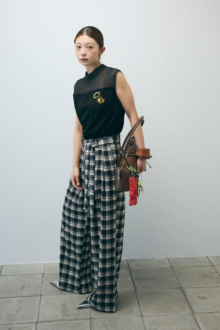[予約/SET]シアー切替えノースリーブ+チェックパンツ(2set)