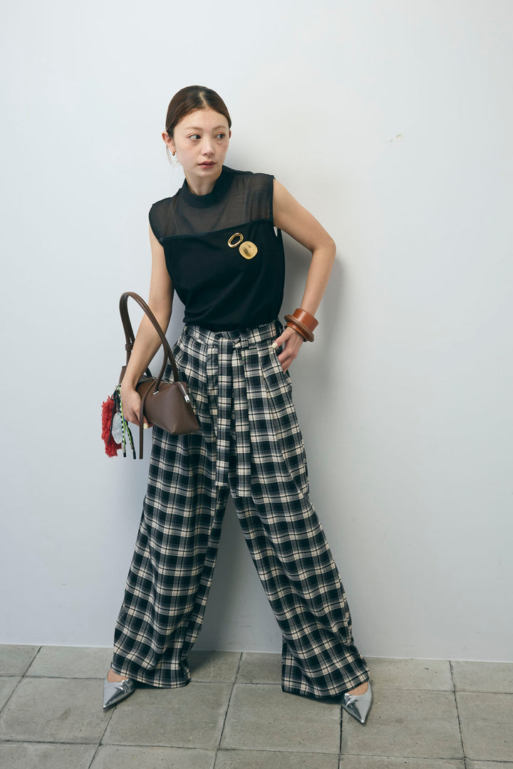 [予約/SET]シアー切替えノースリーブ+チェックパンツ(2set)