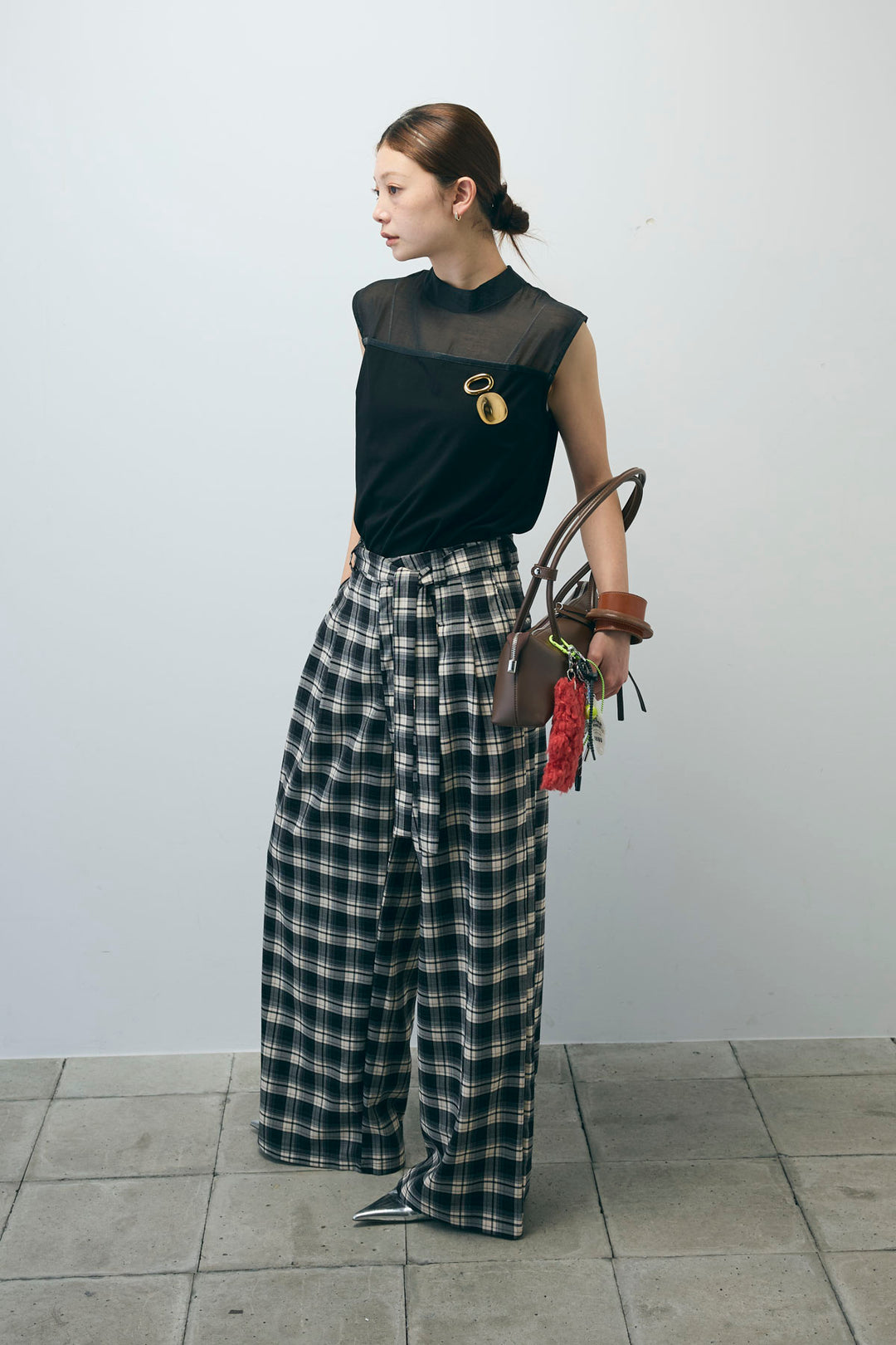 [予約/SET]シアー切替えノースリーブ+チェックパンツ(2set)