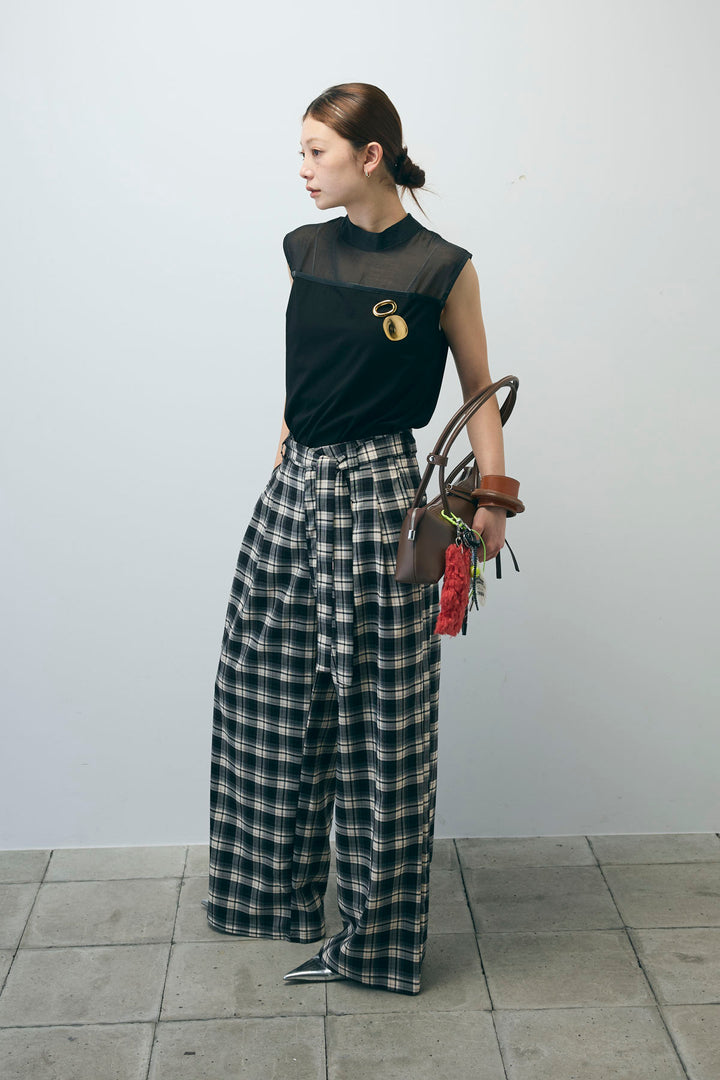 [予約/SET]シアー切替えノースリーブ+チェックパンツ(2set)