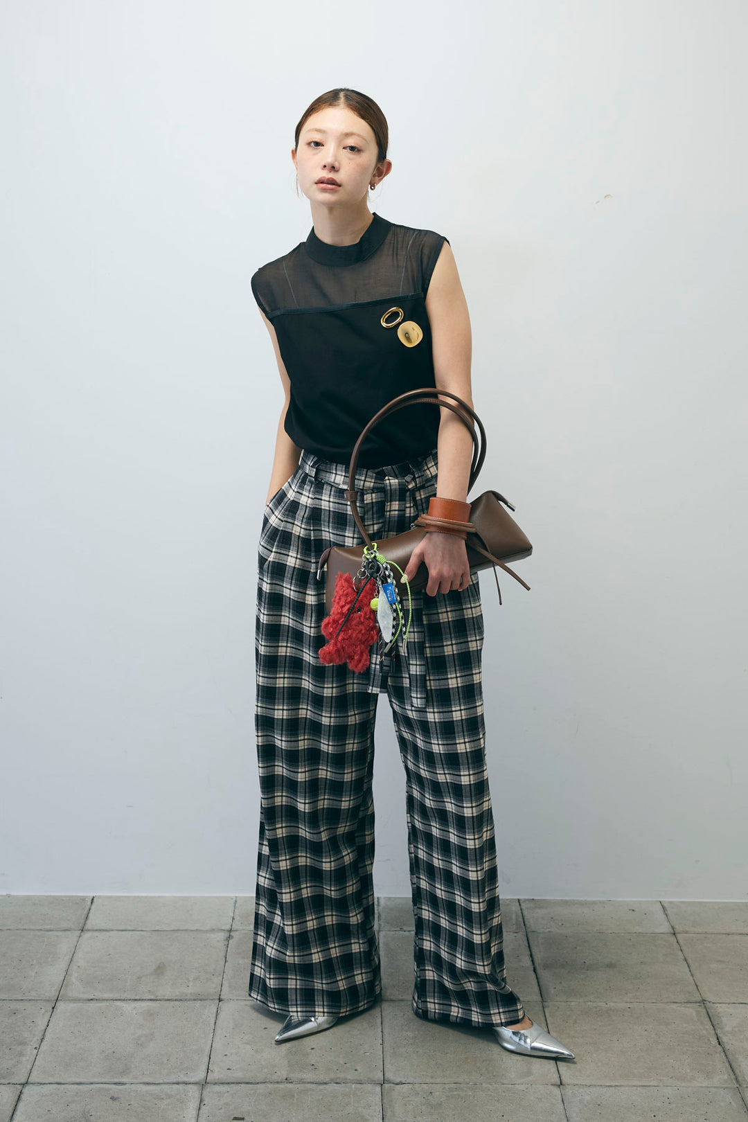 [予約/SET]シアー切替えノースリーブ+チェックパンツ(2set)