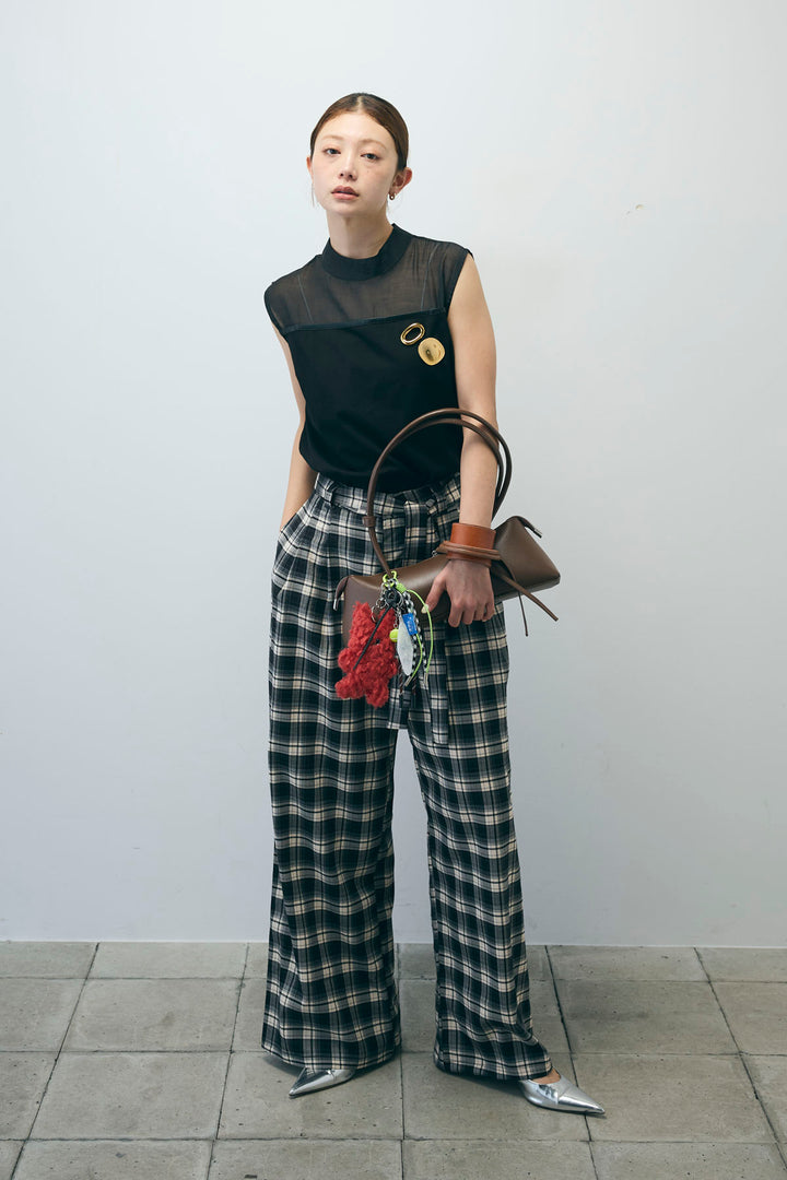 [予約/SET]シアー切替えノースリーブ+チェックパンツ(2set)