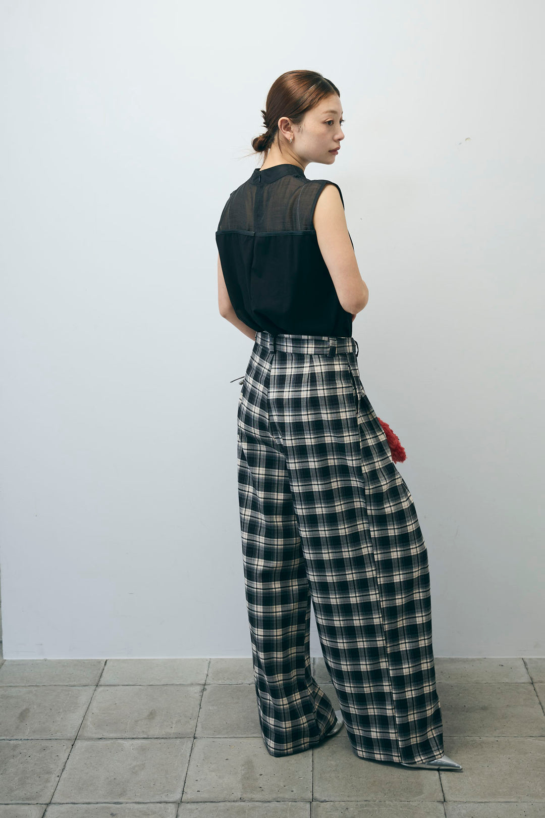 [予約/SET]シアー切替えノースリーブ+チェックパンツ(2set)