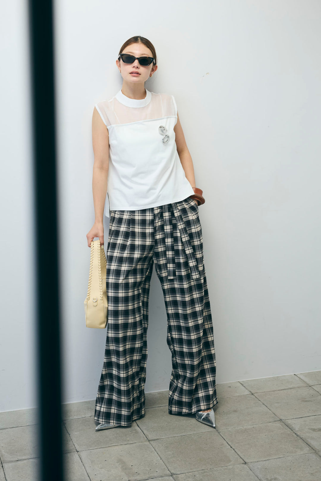 [予約/SET]シアー切替えノースリーブ+チェックパンツ(2set)