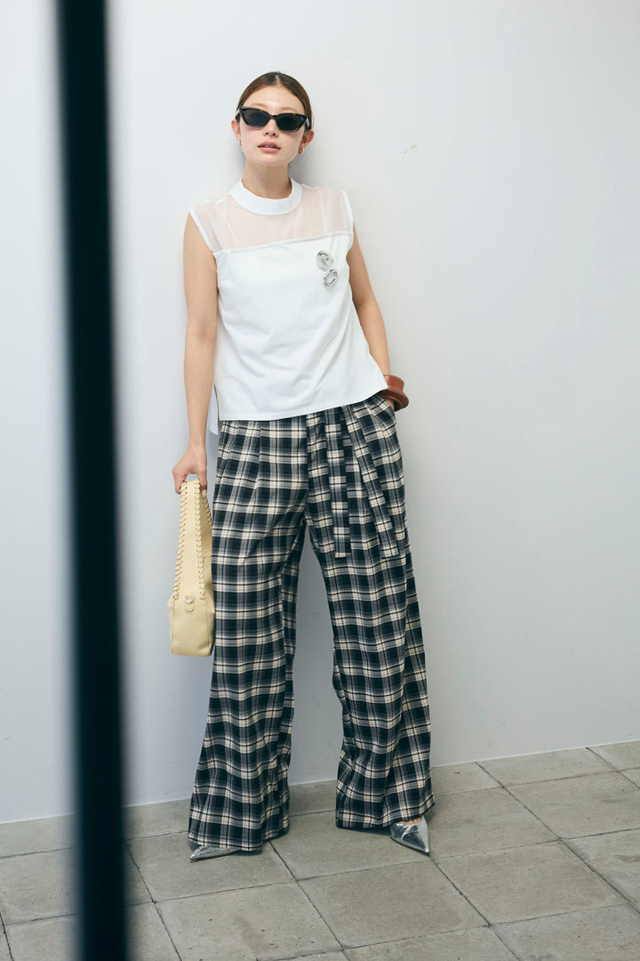 [予約/SET]シアー切替えノースリーブ+チェックパンツ(2set)