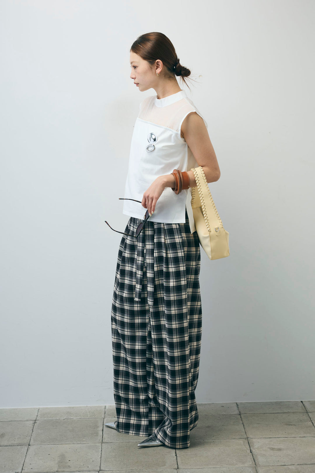 [予約/SET]シアー切替えノースリーブ+チェックパンツ(2set)