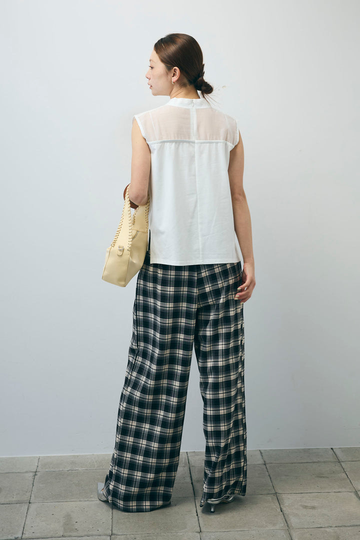[予約/SET]シアー切替えノースリーブ+チェックパンツ(2set)