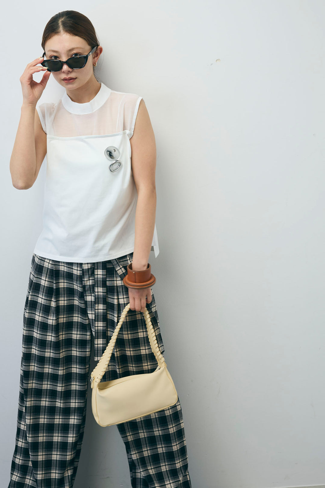 [予約/SET]シアー切替えノースリーブ+チェックパンツ(2set)