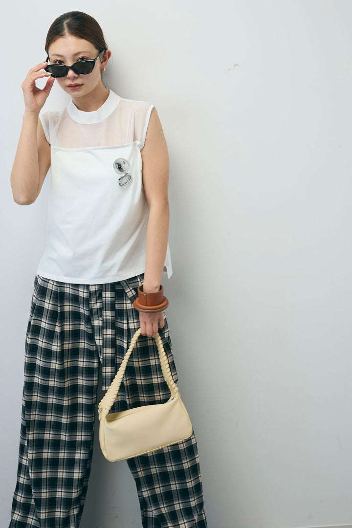 [予約/SET]シアー切替えノースリーブ+チェックパンツ(2set)