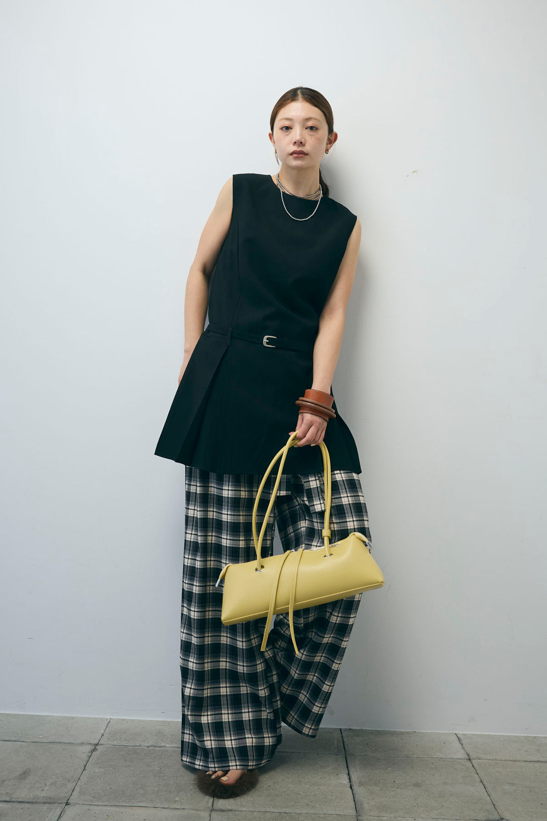 [予約/SET]ベルト付きプリーツチュニック+チェックパンツ(2set)