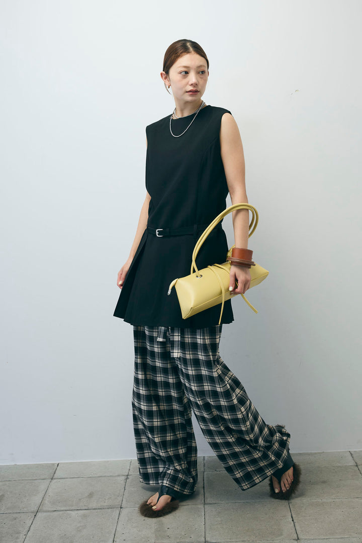 [予約/SET]ベルト付きプリーツチュニック+チェックパンツ(2set)