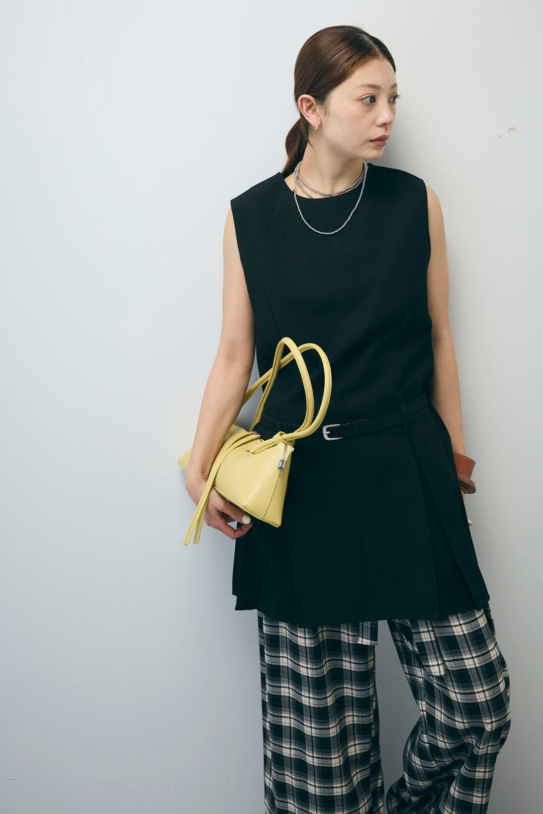 [予約/SET]ベルト付きプリーツチュニック+チェックパンツ(2set)