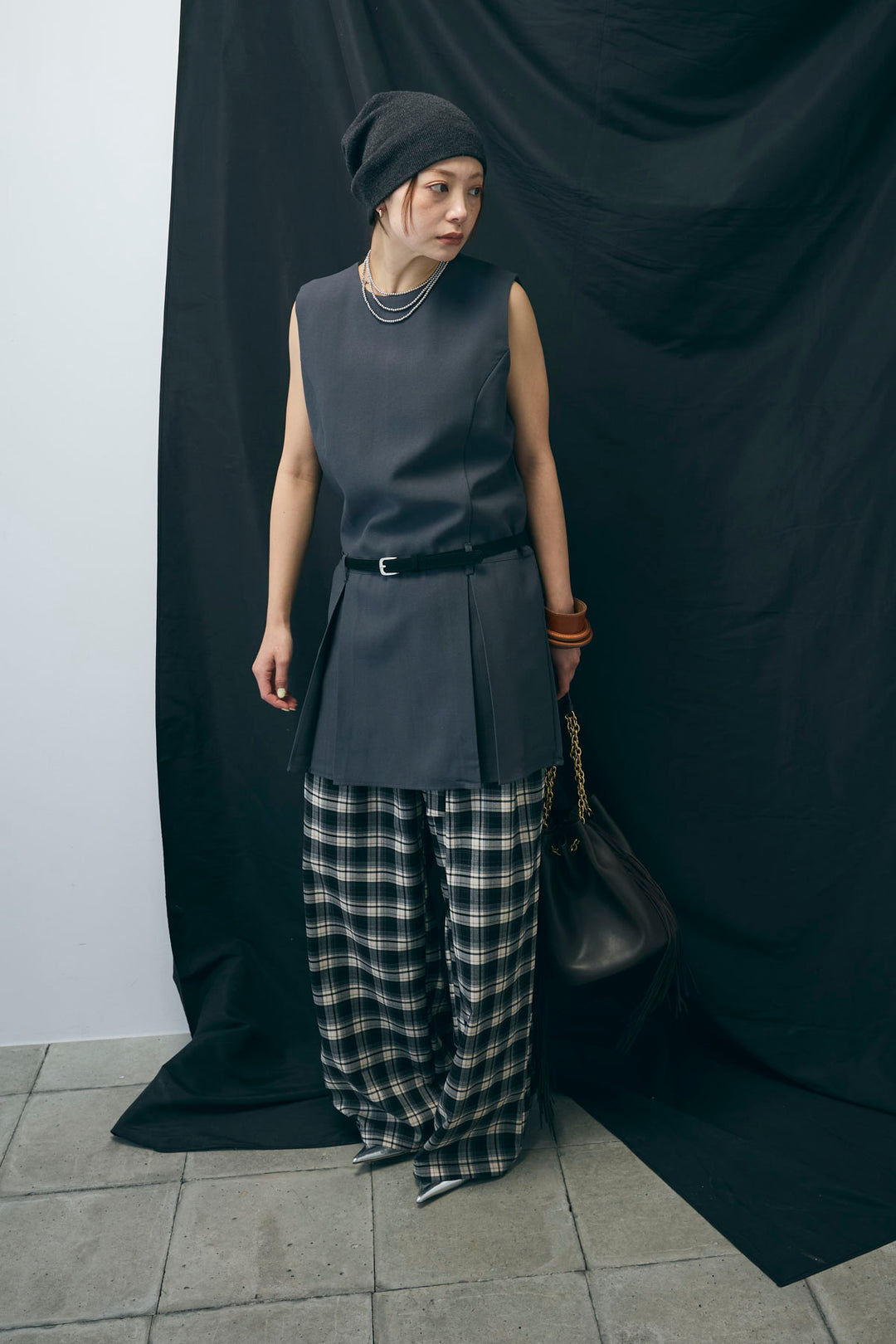 [予約/SET]ベルト付きプリーツチュニック+チェックパンツ(2set)
