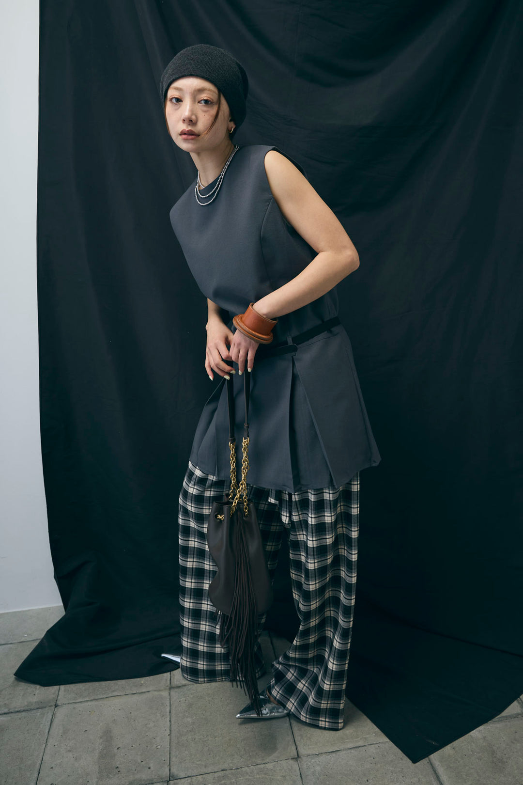 [予約/SET]ベルト付きプリーツチュニック+チェックパンツ(2set)