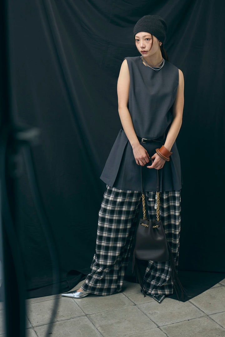 [予約/SET]ベルト付きプリーツチュニック+チェックパンツ(2set)