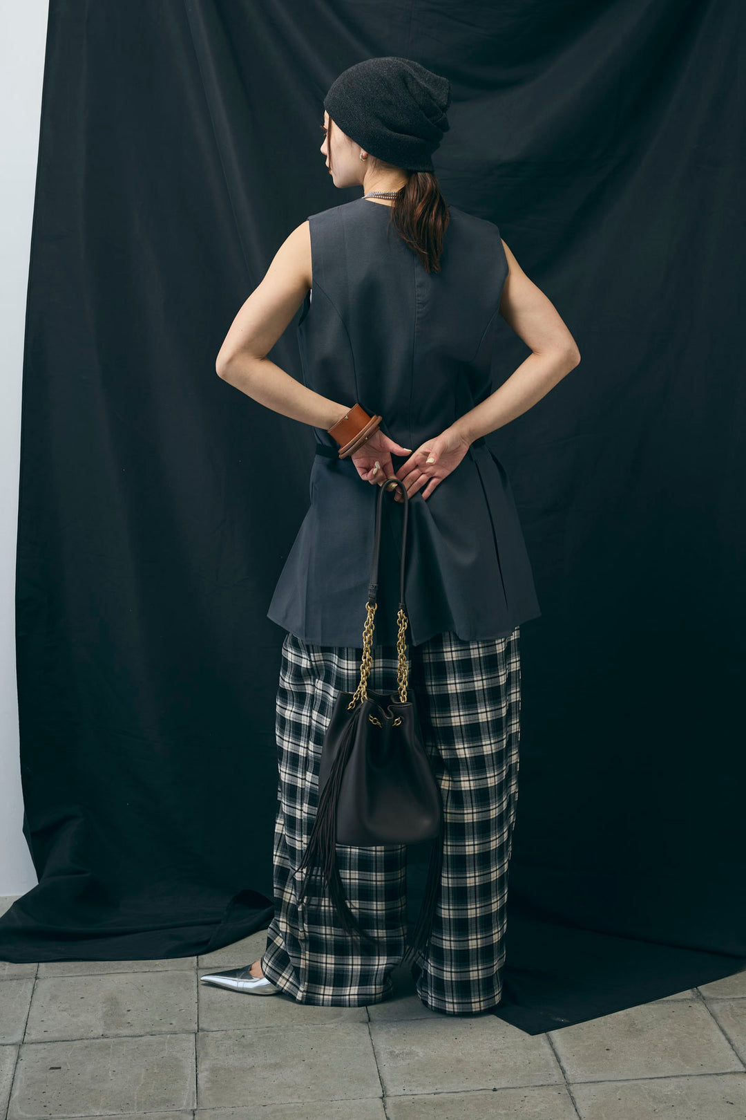 [予約/SET]ベルト付きプリーツチュニック+チェックパンツ(2set)