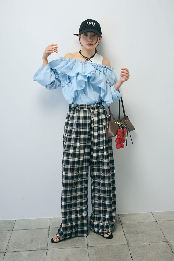 [予約/SET]TCブロード2wayフリルオフショルブラウス+チェックパンツ(2set)